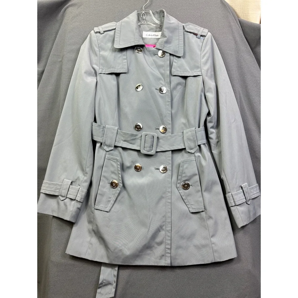 Calvin Klein‎ Women's Light Gray Double Breasted Belted Trench Coat size S Small